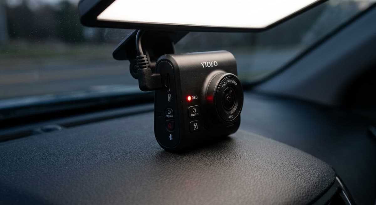 California close-up of a dashcam recording indicator led glowing red on the device face
