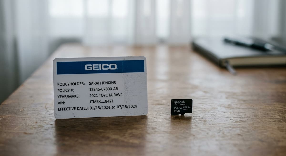 Delaware car insurance card and dashcam sd card lying side by side on a desk