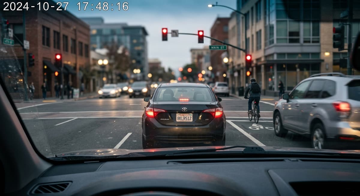 West Virginia traffic intersection viewed through a dashcam with timestamp overlay visible