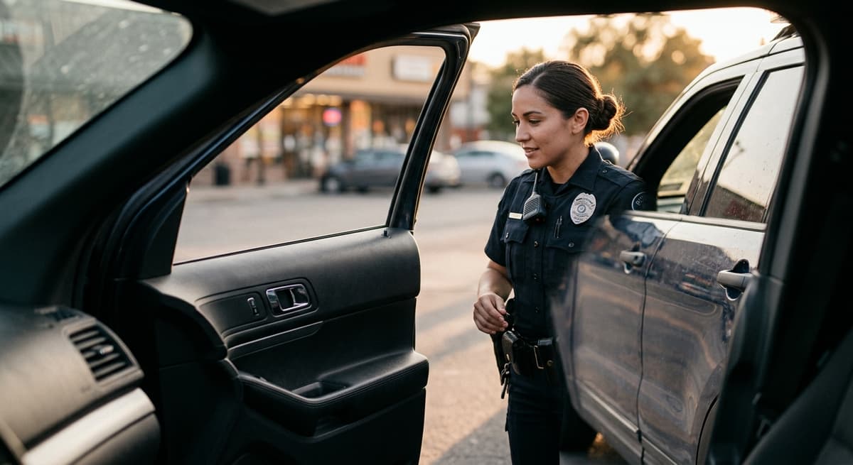 Virginia police officer standing beside a car door, viewed from inside the vehicle throug