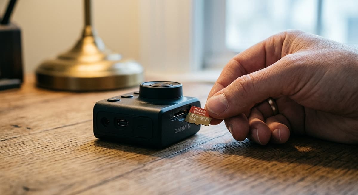 Pennsylvania micro sd card being inserted into the slot of a small dashcam device