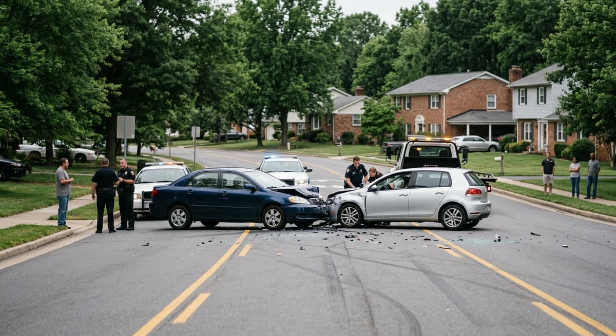 Texas car accident scene with two vehicles, viewed from a distance on a suburban road