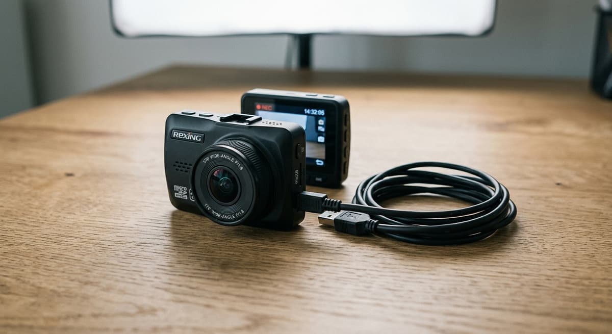 Connecticut small dashcam with a wide-angle lens sitting on a desk beside its power cable