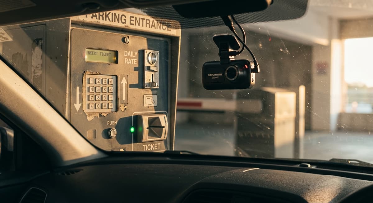 Connecticut parking garage entrance ticket machine with a dashcam visible through a car wind