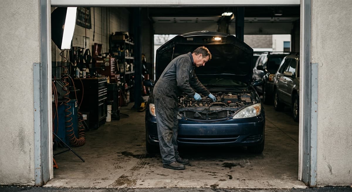 Delaware mechanic looking under a car hood in a repair bay, viewed from outside the bay
