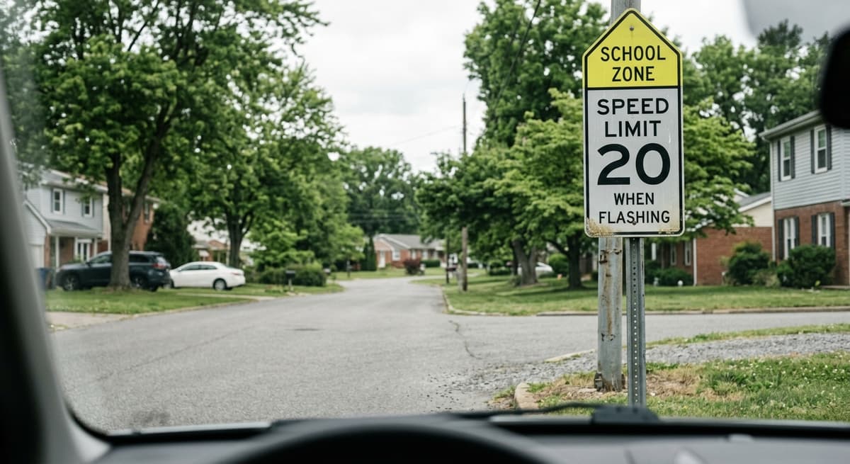 Arkansas school zone speed limit sign on a residential street, captured at windshield lev