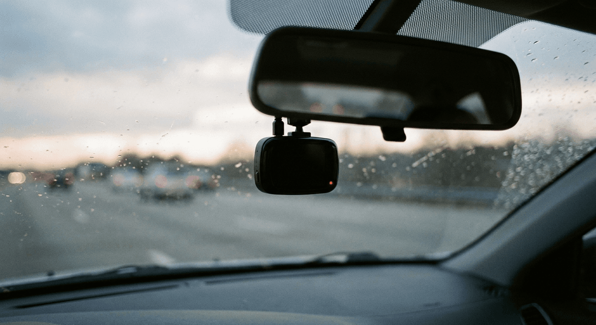 Una pequeña dashcam negra montada detrás del espejo retrovisor con una luz indicadora roja y la carretera borrosa al frente