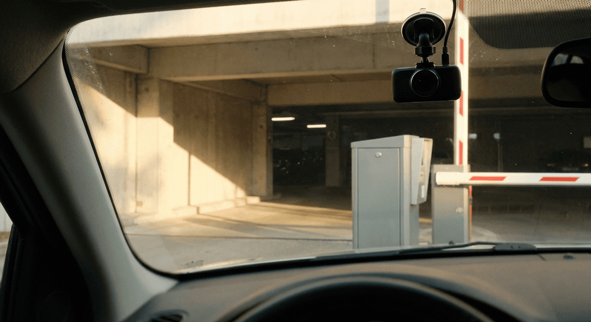 vista a través del parabrisas de la entrada de un estacionamiento con dispensador de boletos, barrera y una dashcam lisa