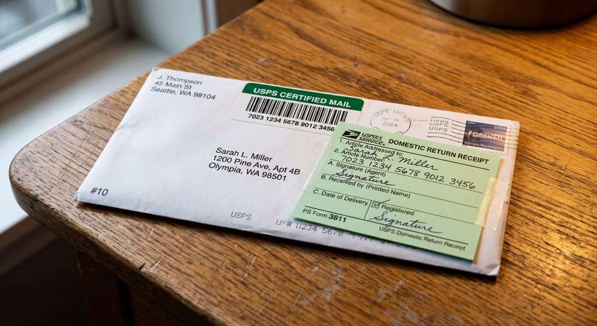 sealed certified mail envelope with green return receipt card on a desk surface