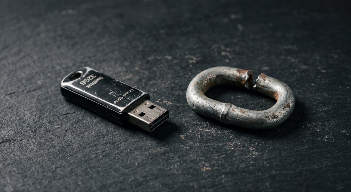 small USB drive lying on a dark surface beside a broken chain link
