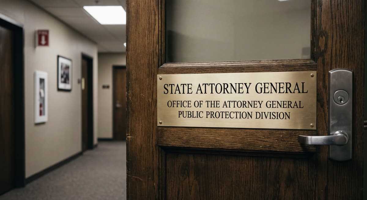 state attorney general office nameplate on an office door, hallway visible