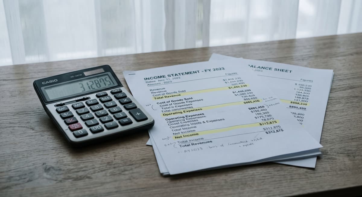 calculator beside printed financial statements with highlighted line items on a desk