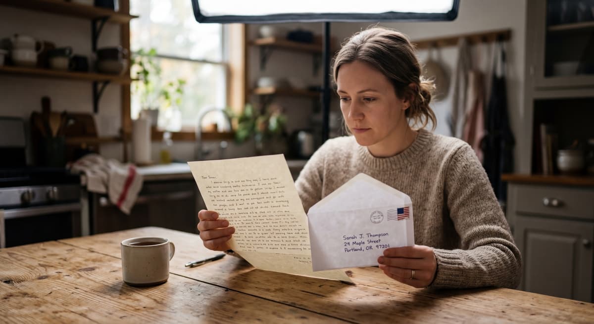 consumer holding a letter while sitting at a kitchen table, focus on the envelope and paper