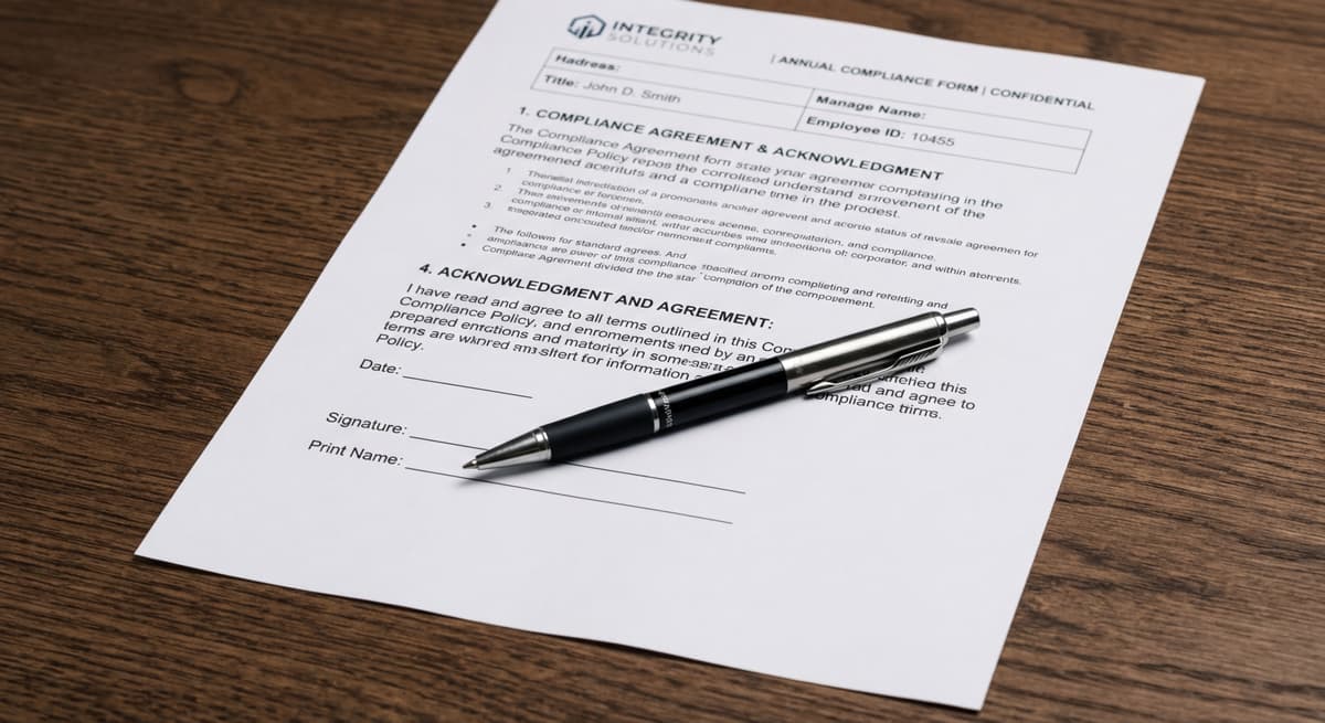pen resting on a signature line of a printed compliance document