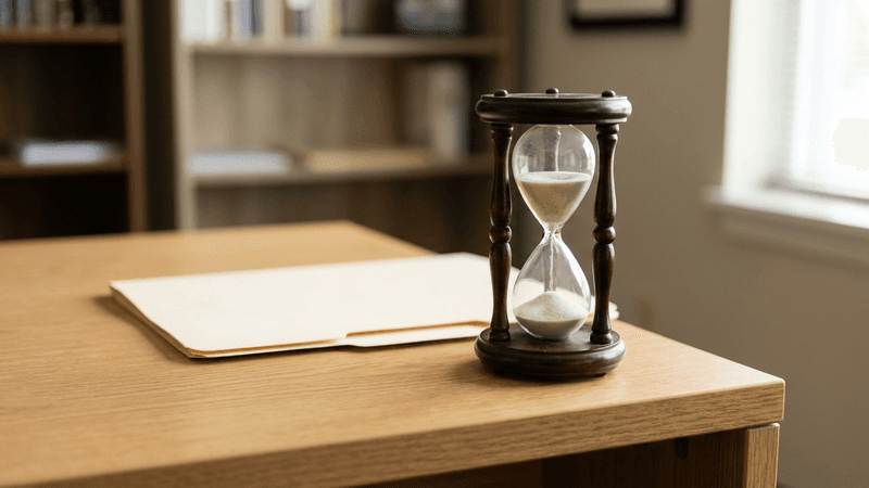 reloj de arena con la arena cayendo junto a una carpeta cerrada sobre un escritorio, que representa un plazo de notificación