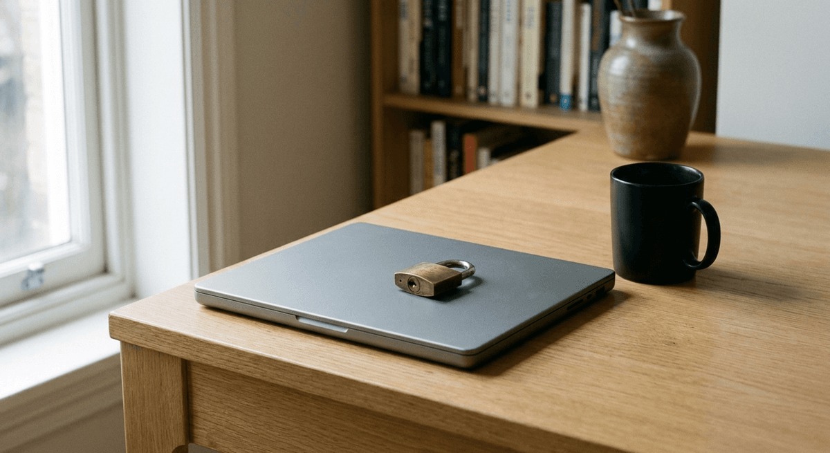 Closed laptop with a plain grey lid and a small brass padlock on top, beside a black mug