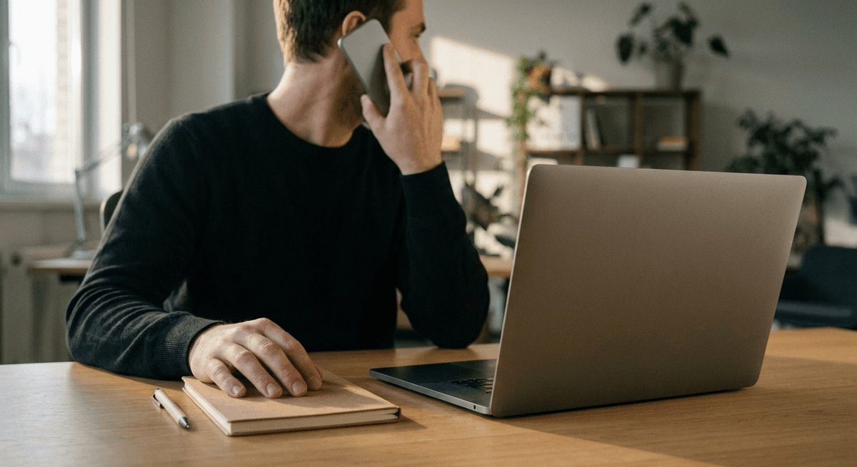 Man on a phone call at a desk with a closed notebook and pen beside an open laptop turned away