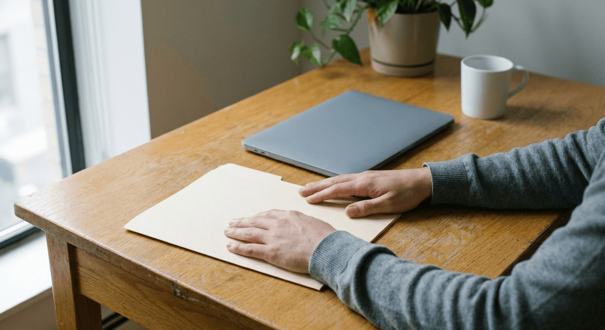 Manos sobre una carpeta manila cerrada junto a una laptop cerrada y una taza en un escritorio de madera