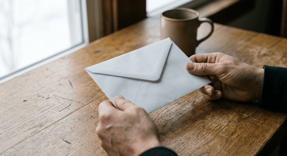 Two hands holding a plain white sealed envelope over a wooden table beside a window