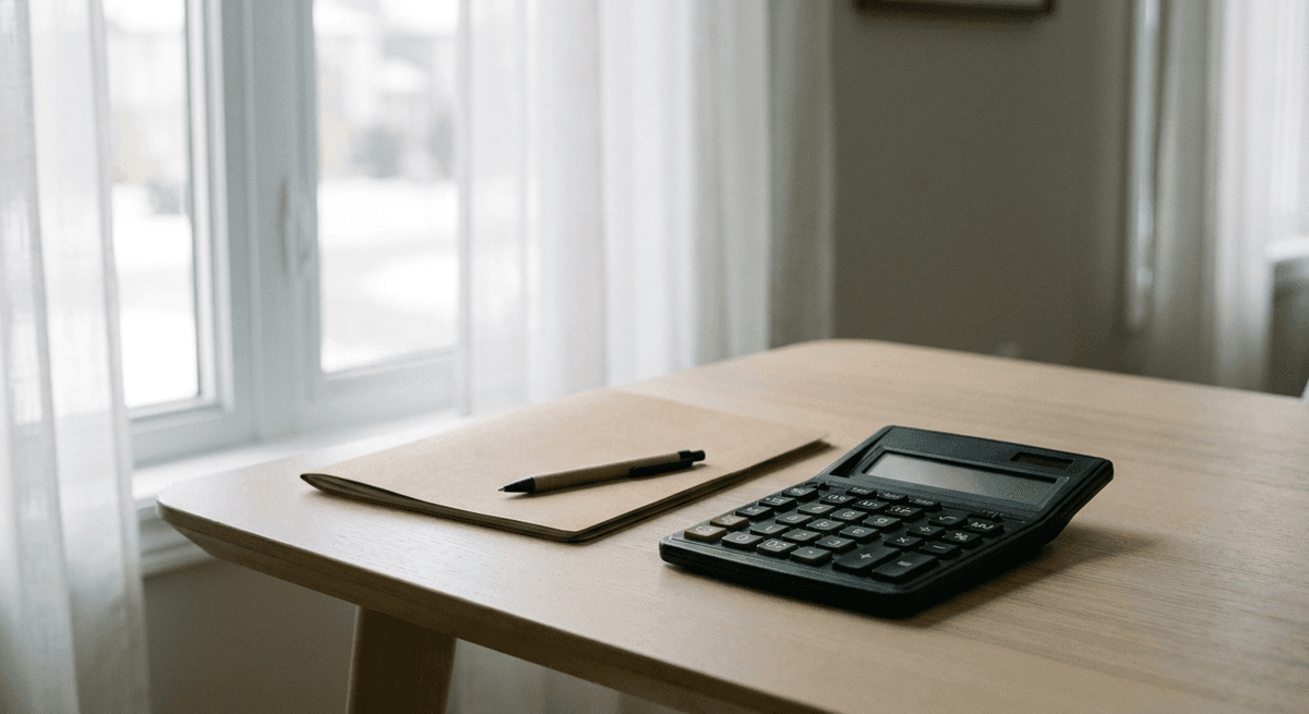 calculator with a blank display next to a closed tan folder and pen on a wooden desk
