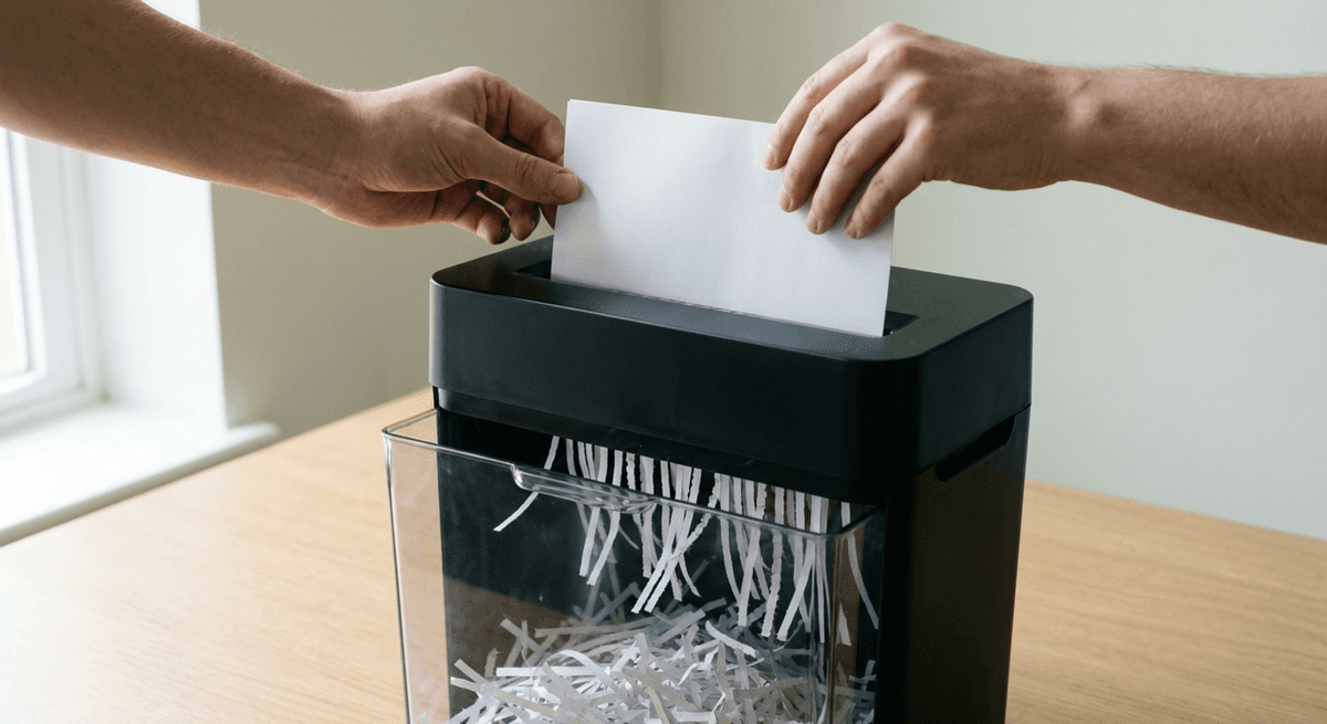Two hands feeding a blank white sheet into a plain black desk shredder with paper strips in a clear bin