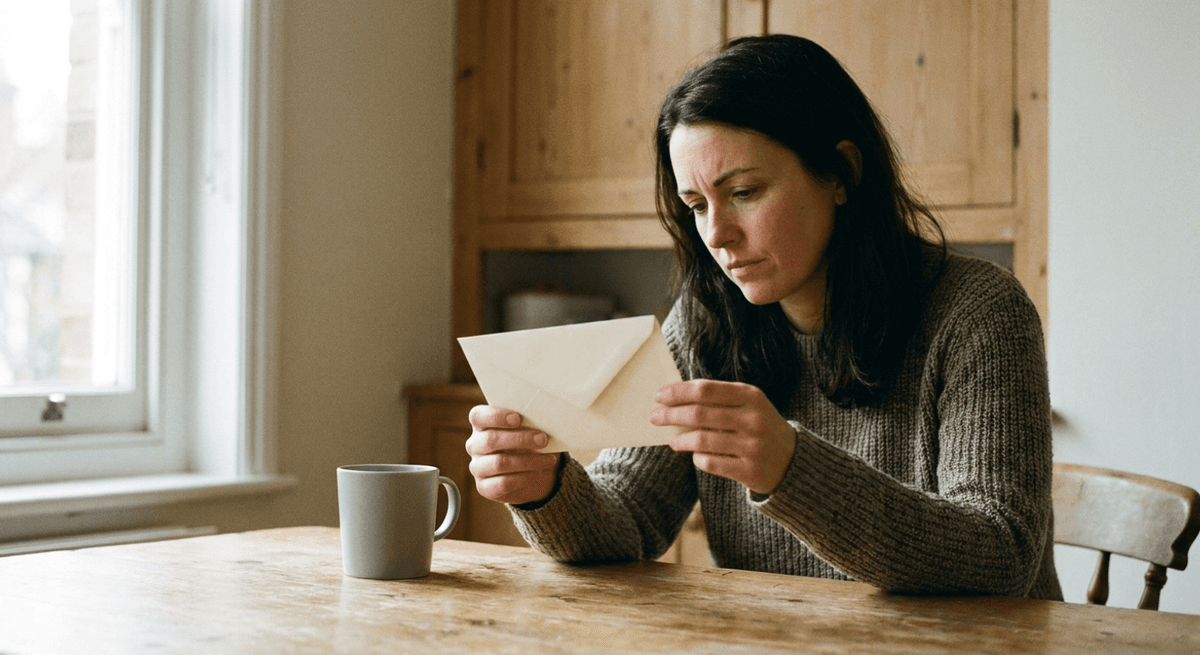 Mujer en una mesa de cocina sosteniendo un sobre crema liso y cerrado, con expresión preocupada