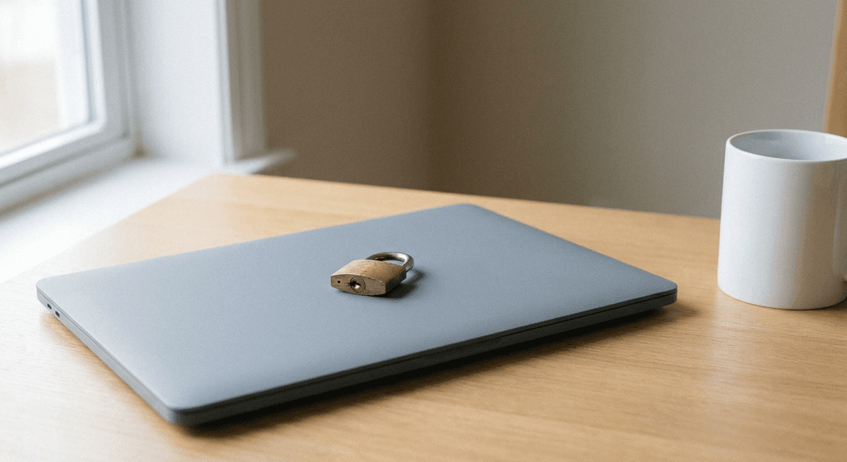 Pequeño candado de latón sobre una laptop gris mate cerrada en un escritorio de madera junto a una taza blanca