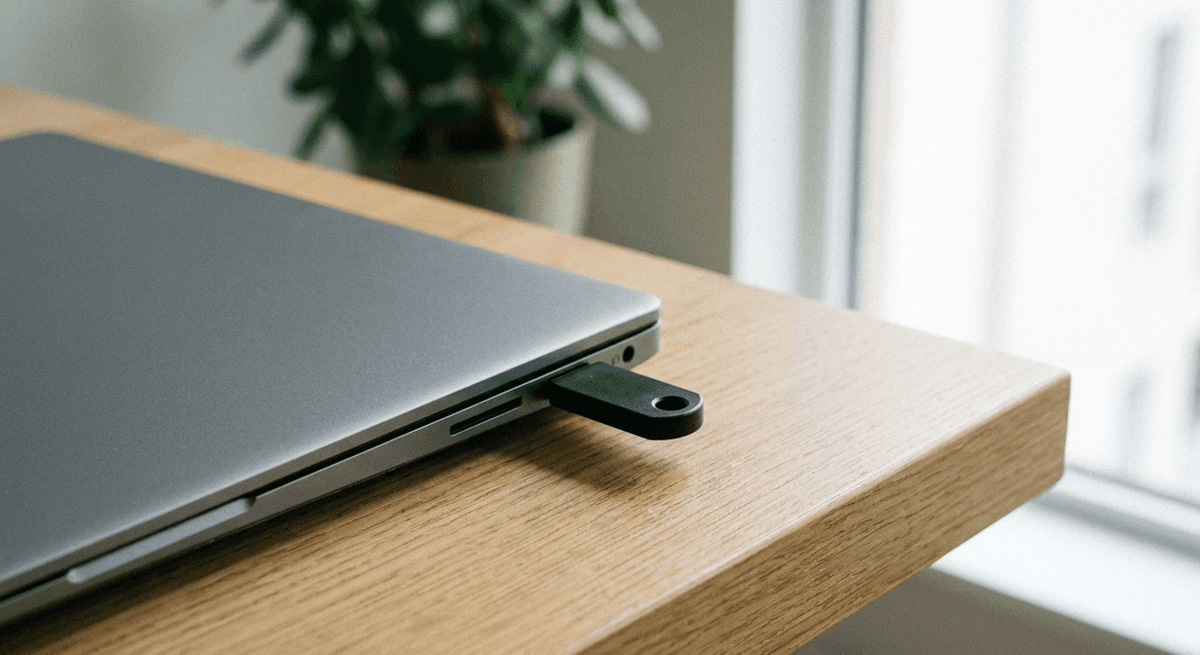 Plain black USB security key plugged into the side of a closed grey laptop on an oak desk