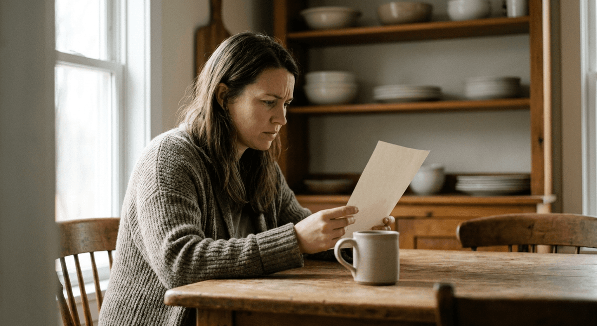 A woman at a kitchen table reads a sheet of paper whose blank back faces the camera, with a mug in front