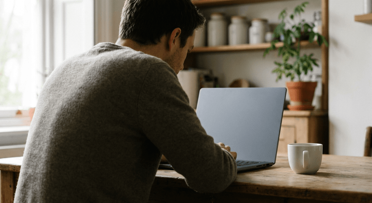 Person seen from behind at a kitchen table working at a laptop with a plain lid and a coffee cup