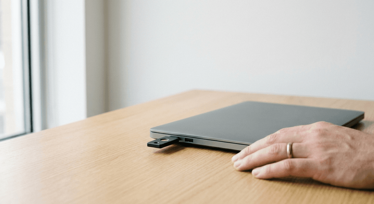 A black hardware security key plugged into a closed grey laptop on an oak desk with a hand resting beside it