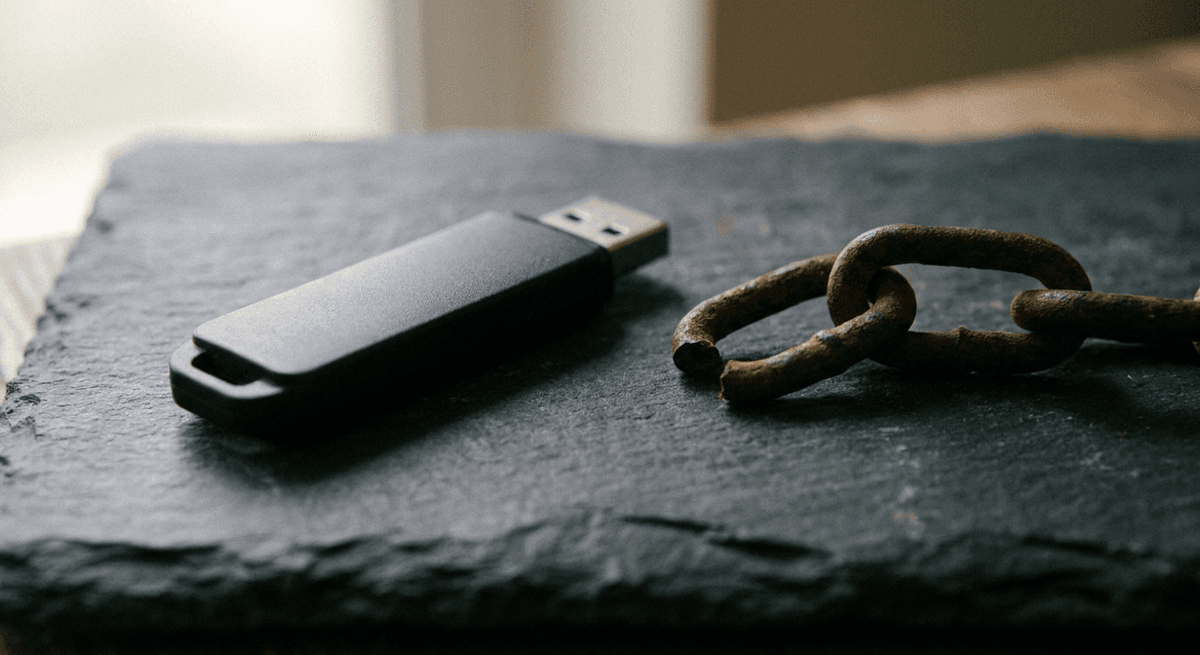 Plain black USB flash drive on dark slate beside a snapped rusted chain link