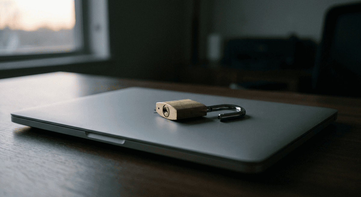 An open brass padlock resting on a closed laptop with a plain grey lid on a desk at dusk