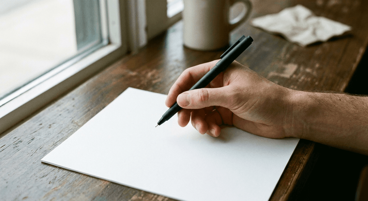 hand holding a black pen above a clean blank sheet of paper on a wooden desk