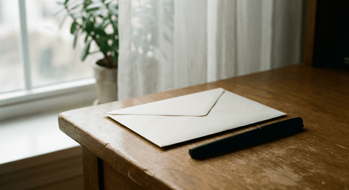 sealed plain white envelope and a black pen on a wooden desk by a window