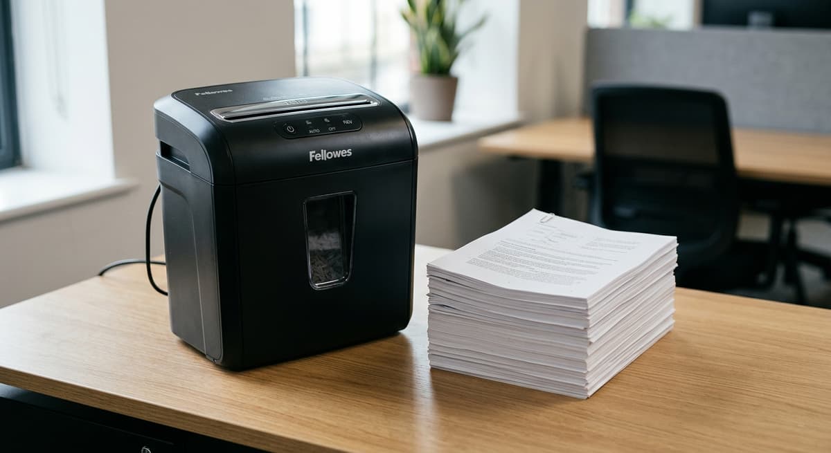World modern document shredder beside a neat stack of printed pages on a clean office
