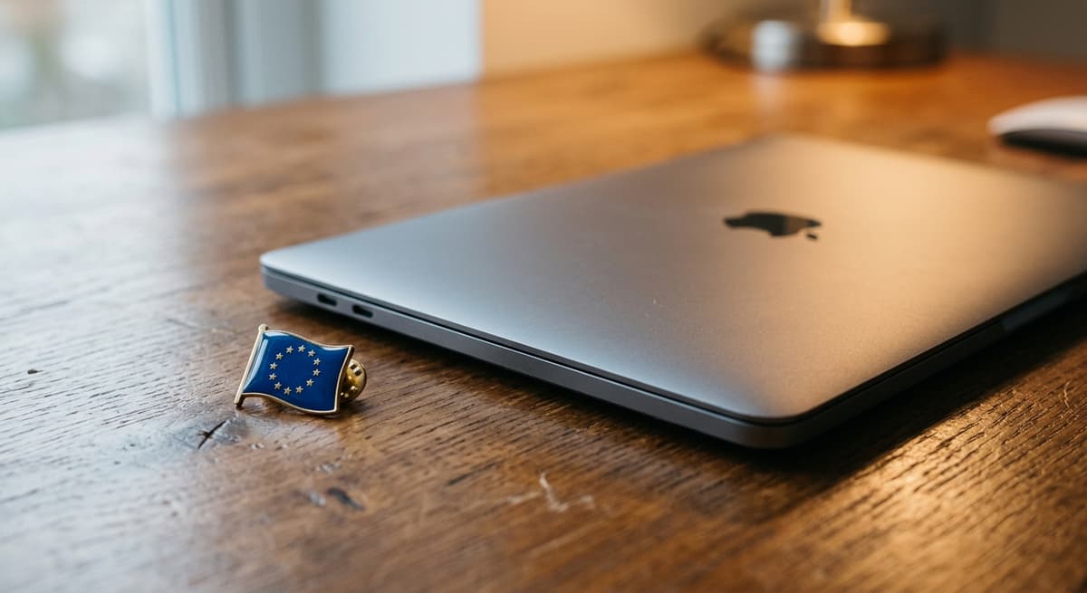 EU flag pin next to a laptop on a warm wooden desk, representing the EU as global cookie law standard-setter