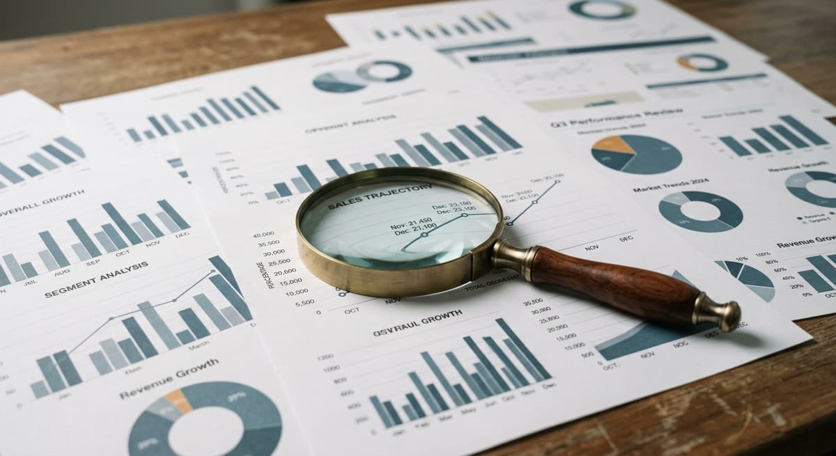 magnifying glass resting on a spread of printed charts and graphs on a desk