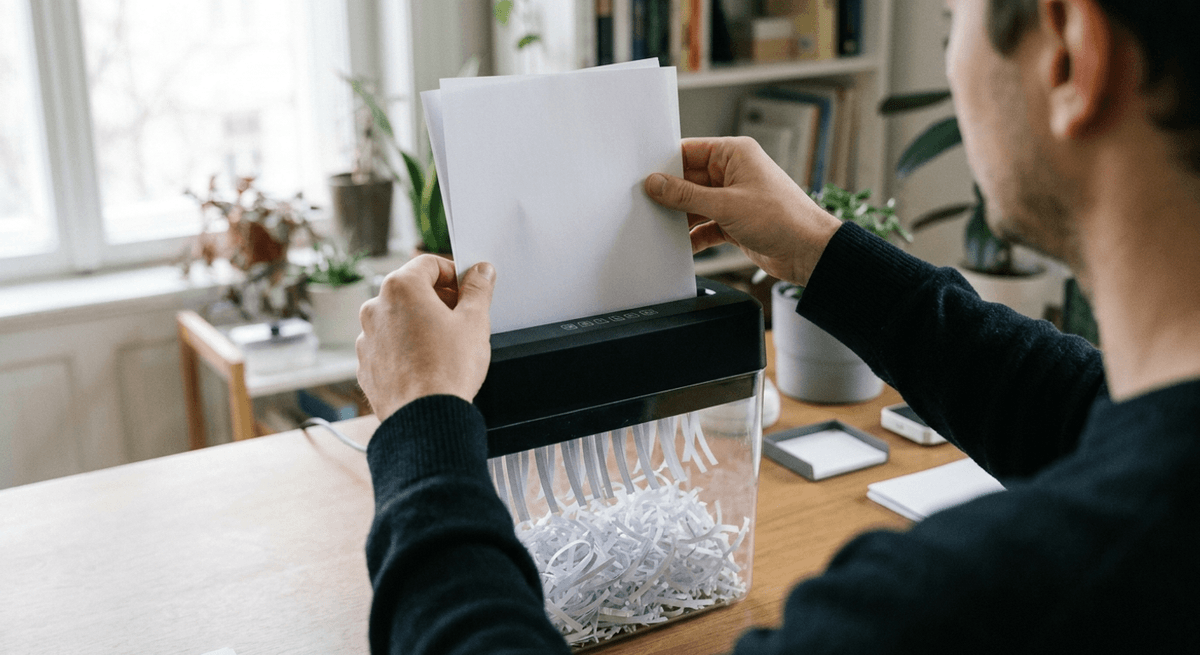a person seen over the shoulder feeding blank sheets of paper into a plain black desktop shredder over a clear bin of strips