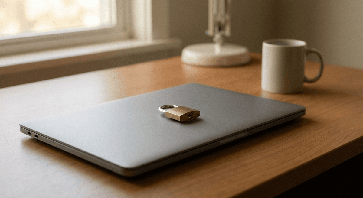Una laptop gris mate cerrada con un pequeño candado de latón sobre la tapa, en un escritorio de madera