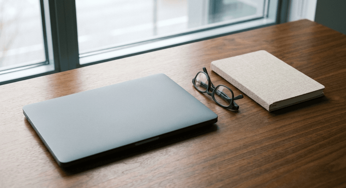Laptop gris cerrada, gafas de lectura plegadas y un cuaderno de lino sobre un escritorio de nogal junto a una ventana