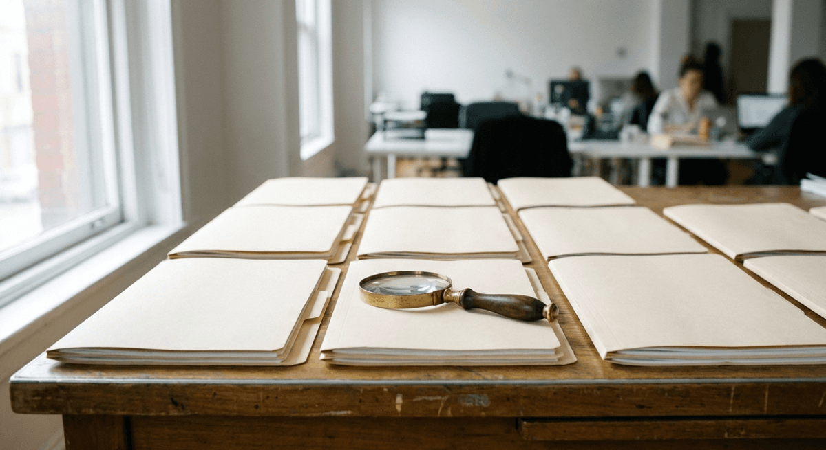 Lupa de latón apoyada sobre una cuadrícula de carpetas de manila cerradas en un escritorio de madera