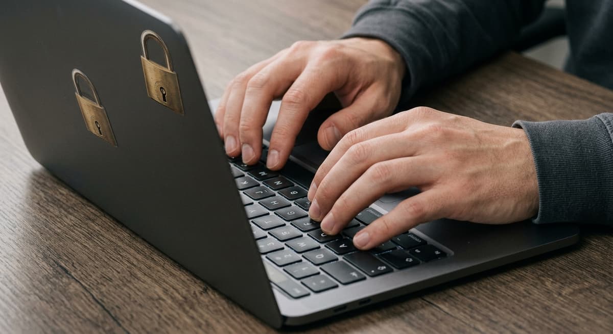 hands typing on a laptop keyboard, small padlock sticker visible on the laptop lid