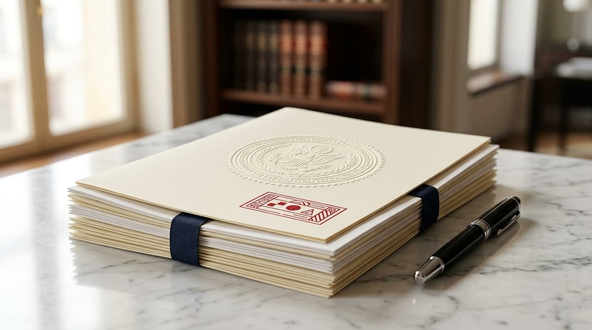 official legal documents with embossed seal on marble surface, pen alongside