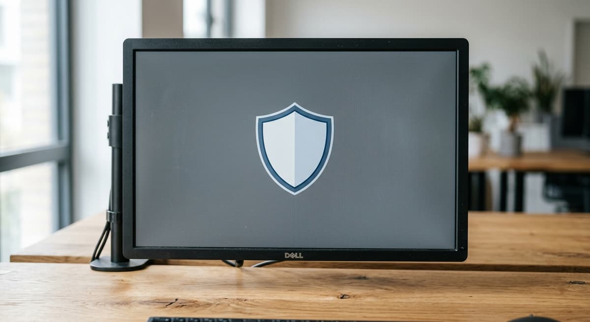 simple shield icon displayed on a desktop monitor in a bright modern office