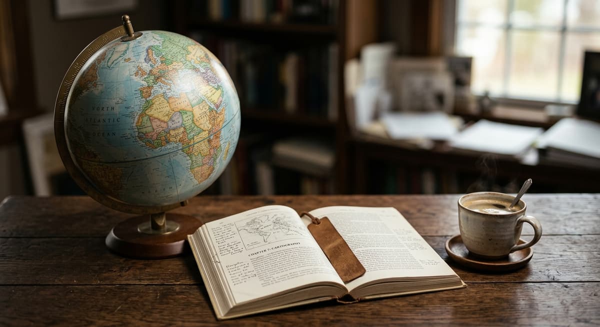 world globe sitting on a desk beside an open book and a cup of coffee