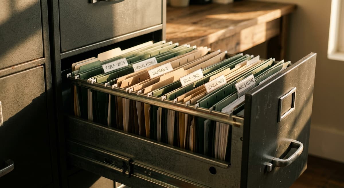 filing cabinet drawer pulled halfway open showing neatly organized hanging folders