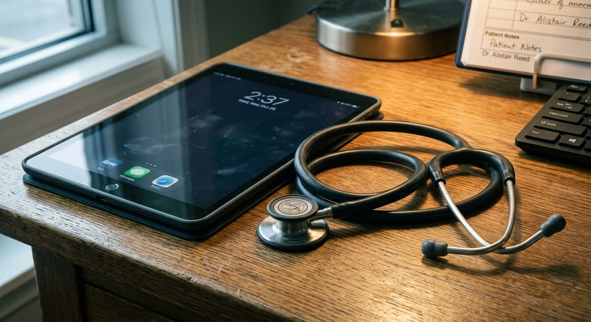 stethoscope coiled on a desk beside a tablet device in a clinical office