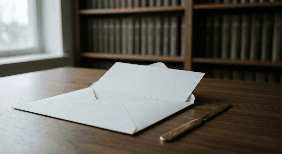 un sobre blanco liso abierto con una hoja doblada en blanco asomando y un abrecartas de latón sobre un escritorio oscuro