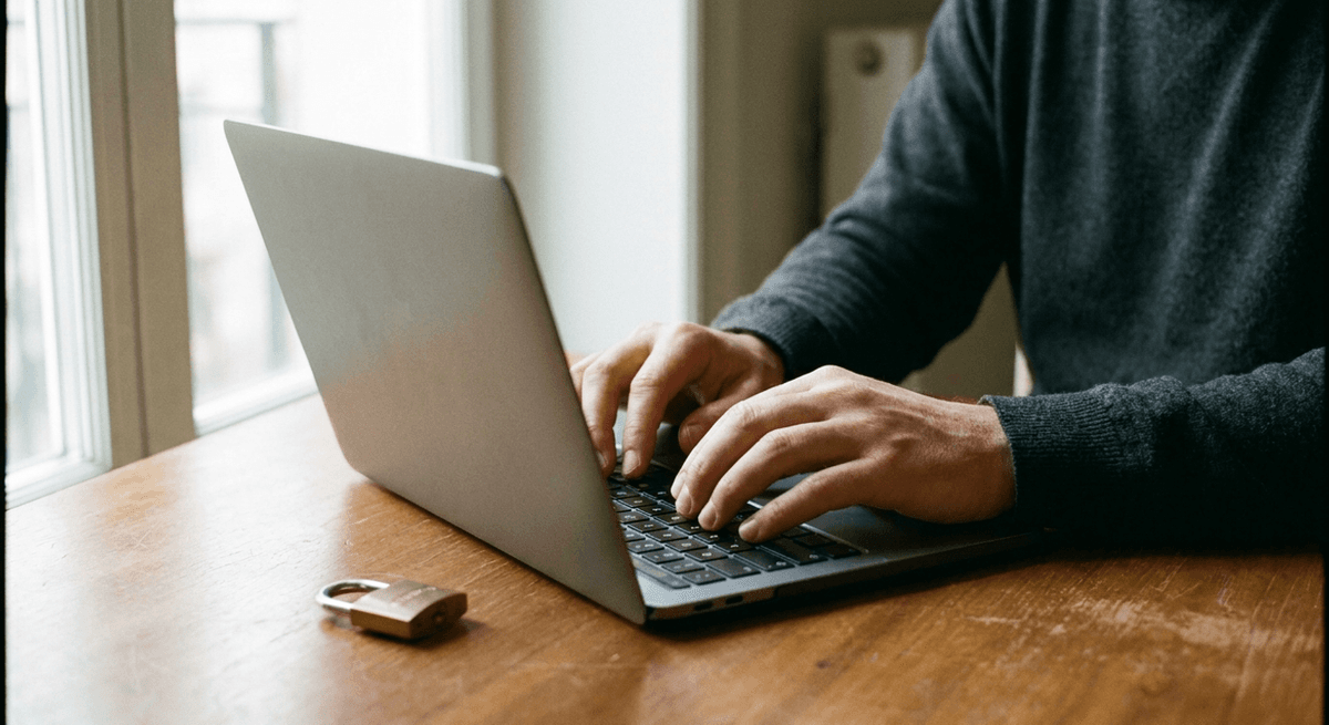 Hands typing on a laptop at a wooden desk with a small closed brass padlock beside it